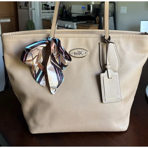 Coach Tan Tote Bag with Scarf Accent - Picture 2 of 7